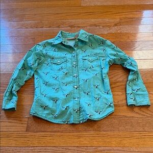 Wrangler Boys Size S - Kids Long-Sleeve Teal Button-Up Shirt with Steer Print